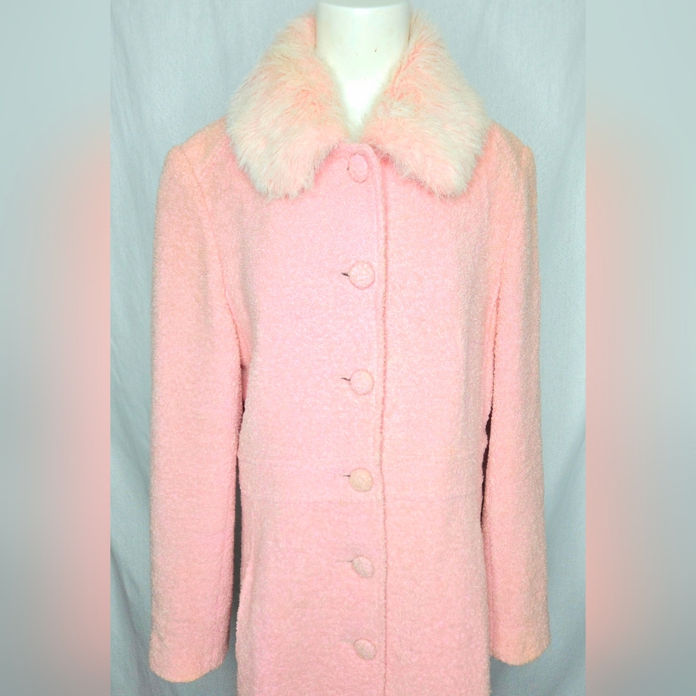 Arden B. LUXE Pink Wool Blend Bouclé Long Coat w/ Removable Faux Fur Collar L - Picture 2 of 12